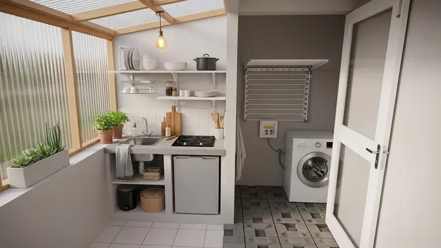 Dapur Terbuka Semi-Outdoor dengan Area Cuci Jemur