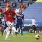 Leicester City vs Manchester United, (27/7/2020). Merupakan laga penentuan head to head dengan Leicester City untuk memperebutkan satu tiket ke Liga Champions. Hasil akhir, Manchester United menang 2-0, dimana Bruno Fernandes membuat 1 gol melalui tendangan penalti. (Pool via AP/Carl Recine)