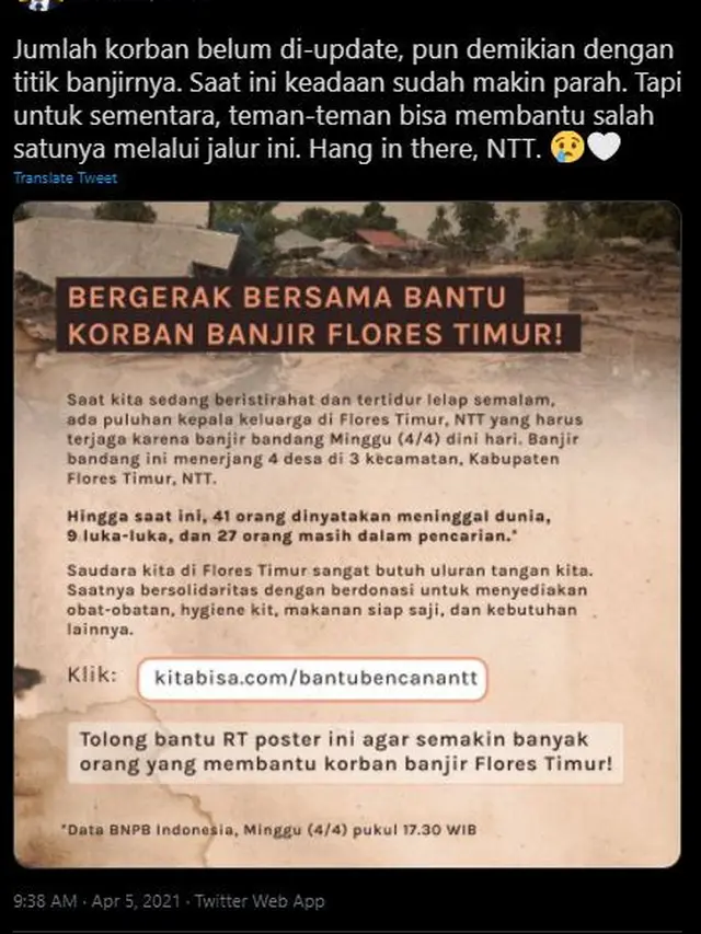 Unggahan Ernest rakasa soal banjir NTT. (Twitter/ ernestprakasa)