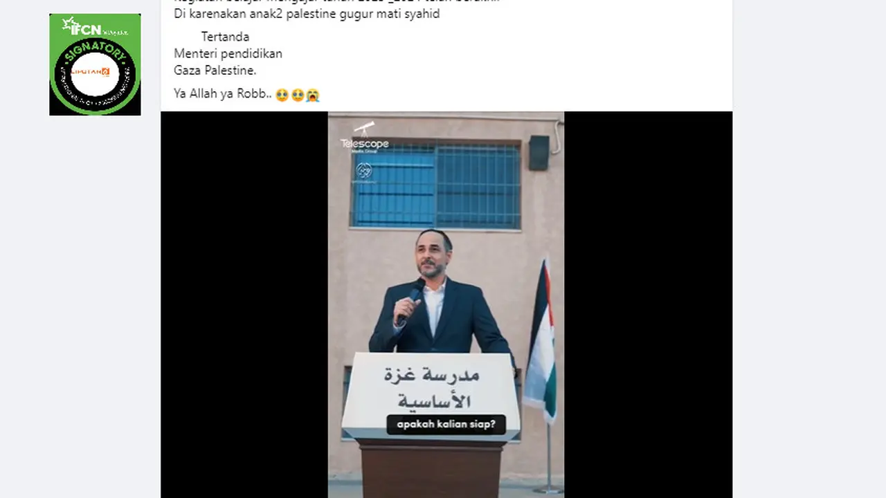 Tangkapan klaim video Menteri Pendidikan Gaza umumkan tahun ajaran 2023/2024 berakhir karena siswanya telah gugur
