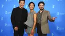 Yoo Teo, Greta Lee, dan John Magaro para bintang Past Lives dalam Festival Film Internasional Berlin 2023.   (Soeren Stache/dpa via AP)
