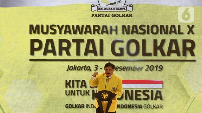 Ketua Umum Partai Golkar Airlangga Hartarto saat berpidato dalam pembukaan Munas X Partai Golkar di Jakarta, Selasa (3/12/2019). Munas Partai Golkar yang berlangsung pada 3-6 Desember 2019 beragendakan pemilihan Ketua Umum Partai Golkar. (Liputan6.com/Johan Tallo)