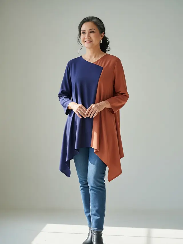 Model Baju Wanita Usia 50 Tahun Kombinasi Polos (AI Generated)