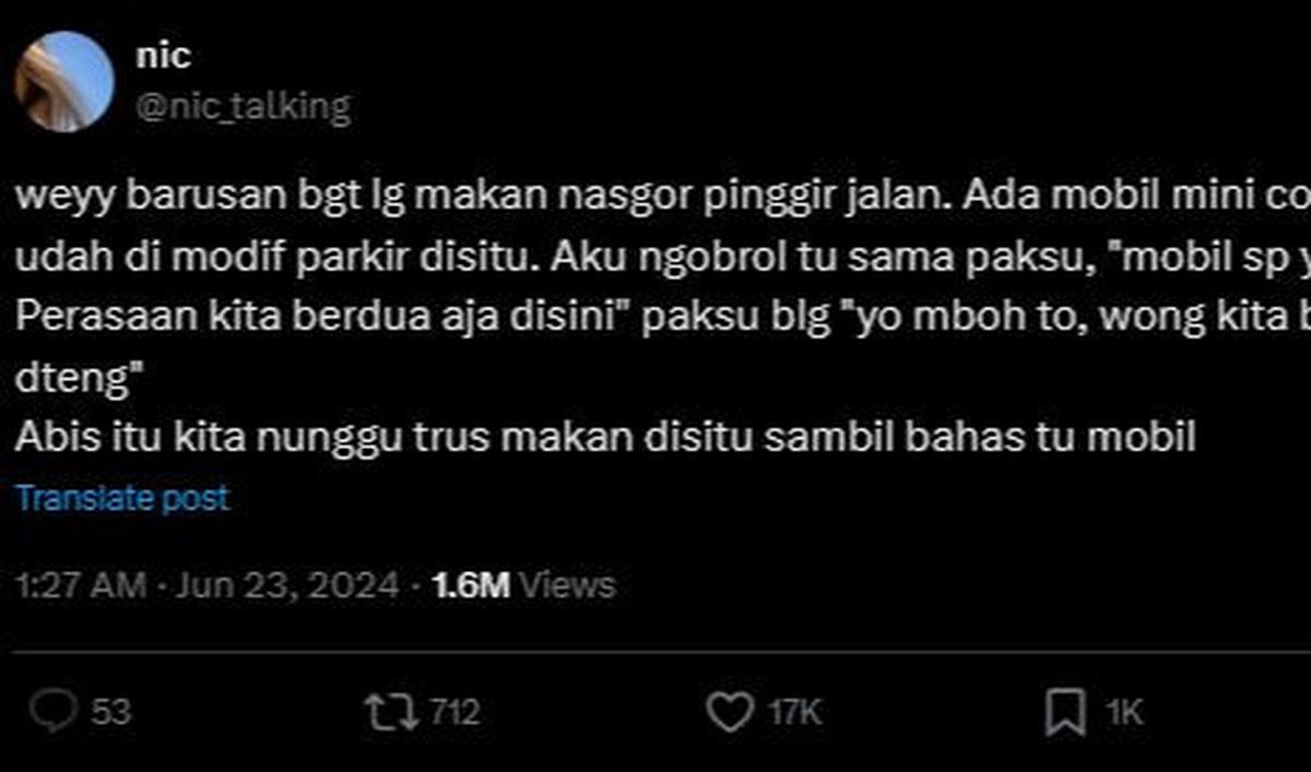 Pemilik akun X @nic_talking membagikan pengalaman yang tak terlupakannya. <br>
