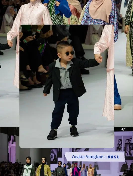 Rayyanza melenggang di catwalk bersama sang mama, Nagita, mengenakan koleksi kolaborasi Zaskia Sungkar x NASL. Adik Rafathar itu tampil menggemaskan bergaya formal mengenakan jas berwarna hitam yang dipadukan dengan long pants warna senada, serta striped shirt sebagai inner. Penampilannya dipermanis dengan kacamata hitam dan sneakers warna senada. [Foto: IG/@raffinagita1717].
