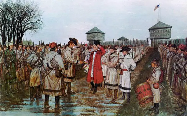 Ilustrasi Jenderal Hamilton ketika menyerah kepada pasukan Revolusioner Amerika. (Sumber Wikimedia Commons)