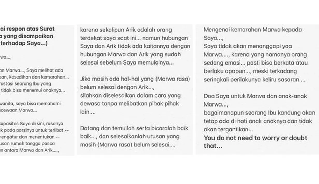 "Sebagai respon atas Surat Terbuka yang disampaikan Marwa terhadap saya," begitu judul tulisan panjang Vonny Cornelia untuk Tsania Marwa. (Instagram)