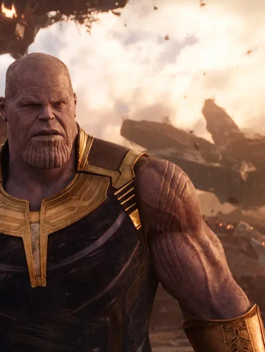 Aktor Josh Brolin saat beradegan dalam film Avengers Infinity War. Josh Brolin berperan sebagai Thanos di film tersebut. (Marvel Studios via AP)