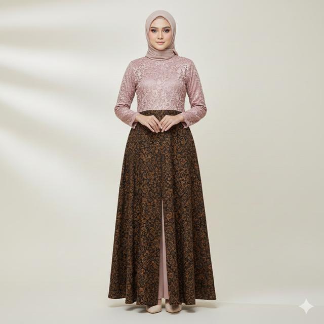 Gamis Batik Brokat A-Line Belah Tengah (Gemini AI)