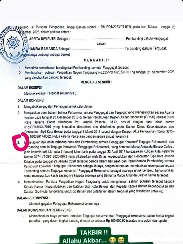 Putusan Pengadilan Tinggi hak asuh anak anak Arfita Dwi Putri