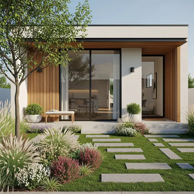Model Rumah 6x8 dengan Desain Terbuka dan Taman Depan Estetis