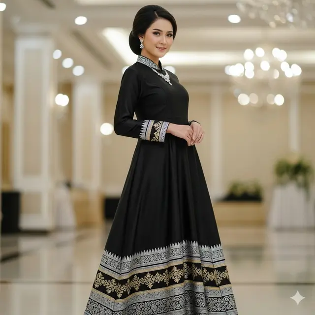 Model Gamis Hitam Bordir Emas Kombinasi Silver (Image by Gemini)