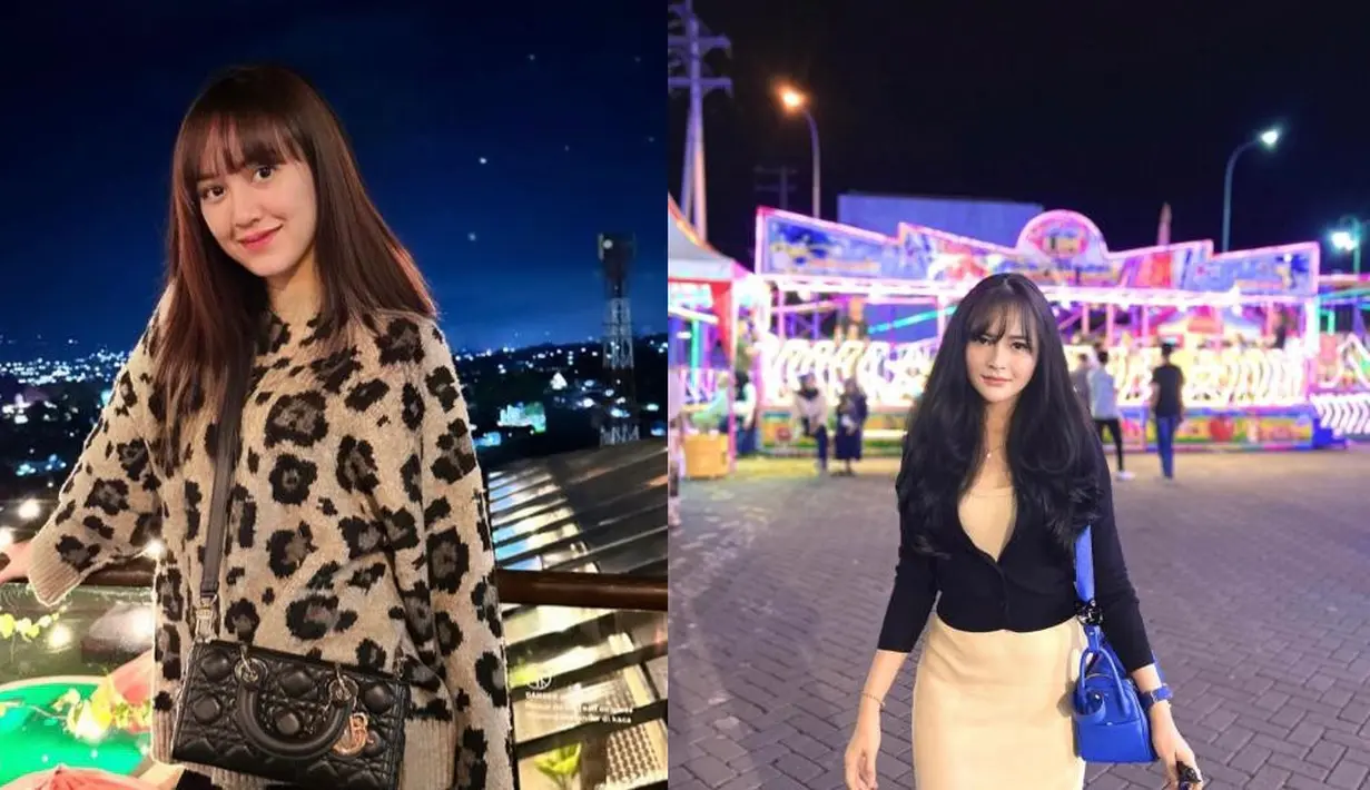 Kali ini, keduanya sama-sama tampil berponi dengan outfit kasual. Happy Asmara dengan oversized sweater, Happy Asmara dengan dress dan cardigan.