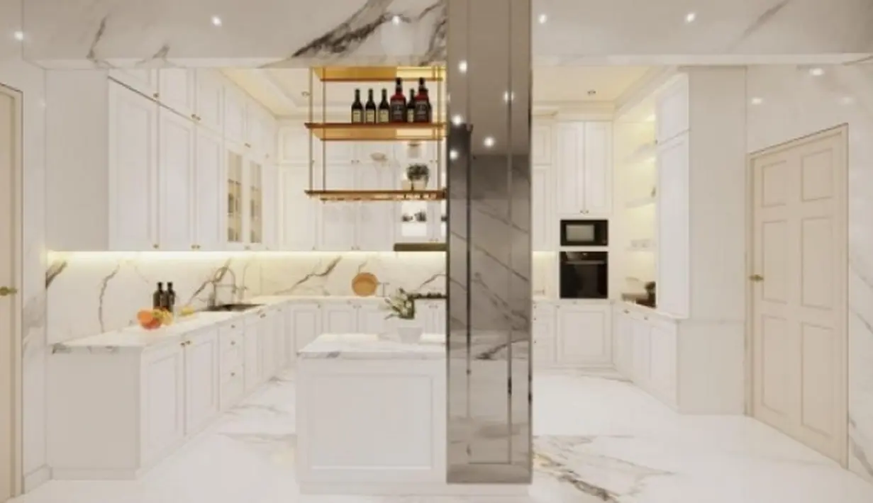 Tema serba putih itu juga diterapkan di dapur. Dengan space yang luas dan tak banyak perabot, kesan lega jadi sangat terasa. [Instagram @angellelga]