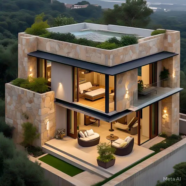 Desain Rumah Lantai 2 dengan Aksen Batu Alam di Rooftop