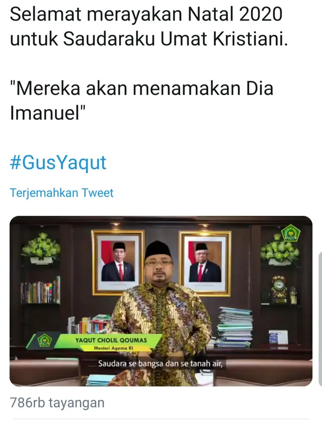 Unggahan Yaqut Cholil Qoumas. (Foto: Twitter @YaqutCQoumas)