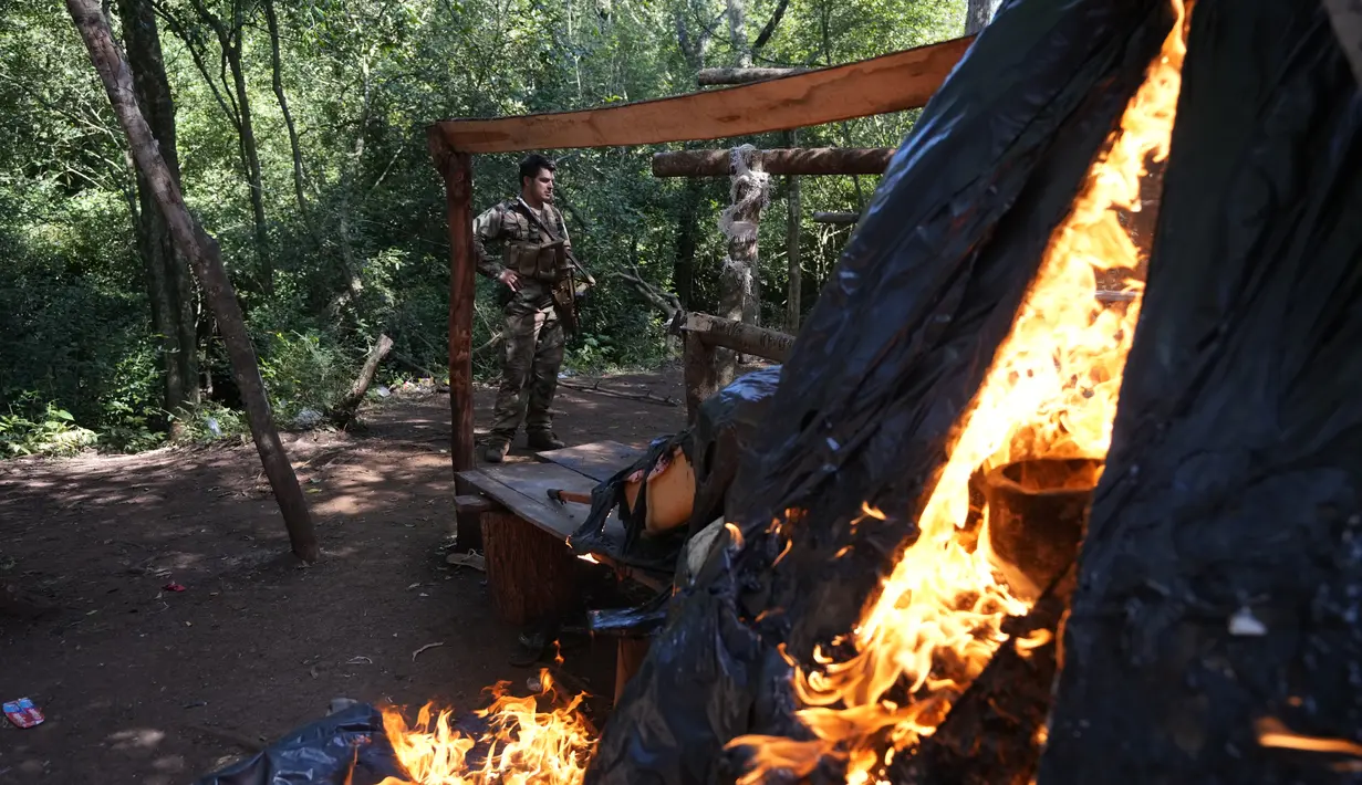Seorang petugas pasukan keamanan SENAD Paraguay berdiri saat panen ganja dan sebuah tenda terbakar, sebagai bagian dari operasi yang diciptakan Aliansi Baru XXXII di Koloni Maria Auxiliadora departemen Ambabay di Paraguay utara (24/5/2022). (AP Photo/Jorge Saenz)