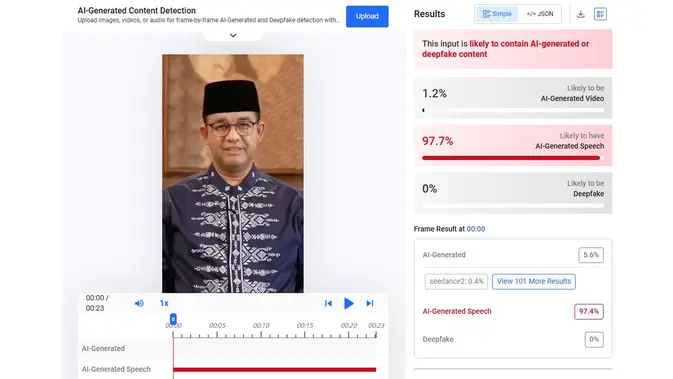 Video klaim Anies Baswedan menyampaikan kuis tebak nama hewan menunjukkan hasil AI. (Foto: tangkapan layar Hive Moderation)