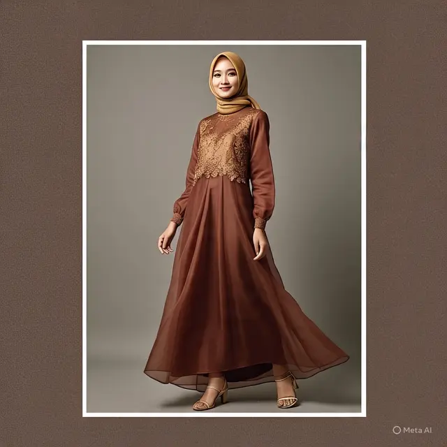 Gamis Brokat Coklat Mahogany. (Liputan6.com/MetaAI)