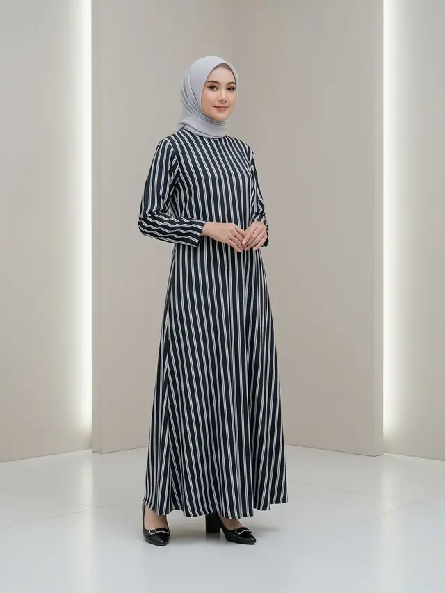 Model Gamis Kombinasi Hitam Putih Model Motif Garis Vertikal