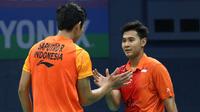 Angga Pratama/Rian Agung Saputro menyerah dari pasangan China, Han Chengkai/Zhou Haodong, dengan skor 19-21, 19-21, Jumat (2/2/2018). (PBSI)