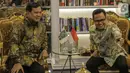 Ketua Umum PKB Muhaimin Iskandar (kanan) berbincang dengan Ketua Umum Gerindra Prabowo Subianto di DPP PKB, Jakarta, Senin (14/10/2019). Prabowo didampingi sejumlah petinggi Partai Gerindra antara lain Ahmad Muzani, Sufmi Dasco Ahmad, Edhy Prabowo, dan Sugiono. (Liputan6.com/Faizal Fanani)