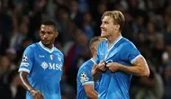 Rasmus Hojlund (Napoli) merayakan gol ke gawang Sporting dalam laga Liga Champions di Diego Armando Maradona stadium, 1 Oktober 2025. (Alessandro Garofalo//LaPresse via AP)
