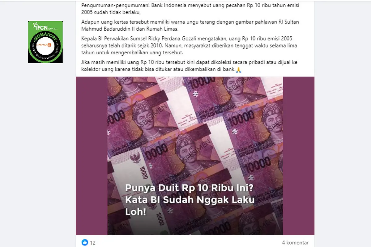 Tangkapan layar  klaim uang pecahan Rp 10 ribu tahun emisi 2005 sudah tak berlaku
