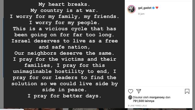 Unggahan Gal Gadot. (Foto: Instagram terverifikasi @gal_gadot)