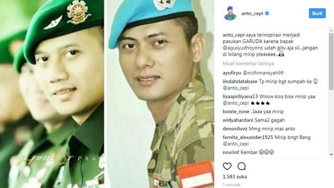 Anto Cepi dan AHY kompak memakai seragam dan topi baret (Foto: Instagram AHY dan Anto Cepi)
