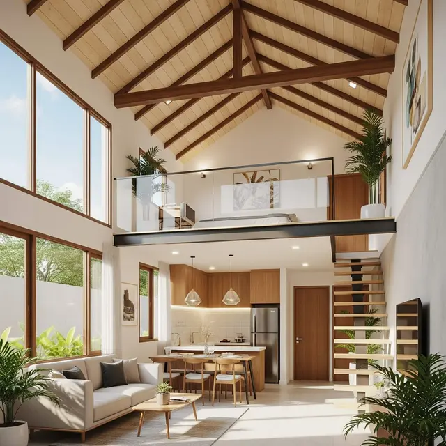 Model Rumah Mungil tapi Tampak Tinggi dengan Plafon Terbuka