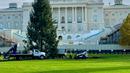 Para pekerja memasang Natal di halaman Gedung Kongres Amerika Serikat di Washington DC, pada 24 November 2024. (Daniel SLIM/AFP)