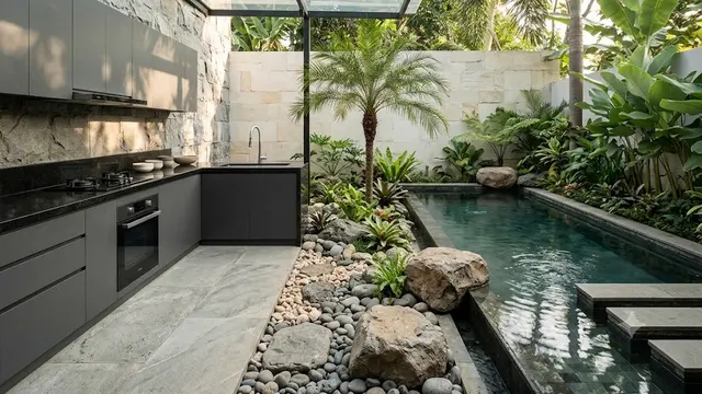 Dapur Semi Outdoor dengan Kolam Mini dan Taman Kering