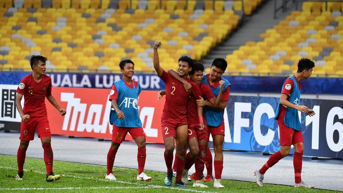 Pemain Timnas Indonesia U-16 rayakan kemenangan atas Iran pada laga Grup C Piala AFC U-16. (PSSI)