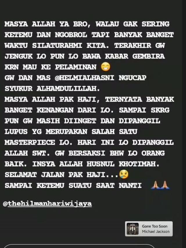Unggahan Irgi Ahmad  Fahrezi mengenai mendiang Hilman Hariwijaya. (Instgaram/ irgi_achmadfahrezi)