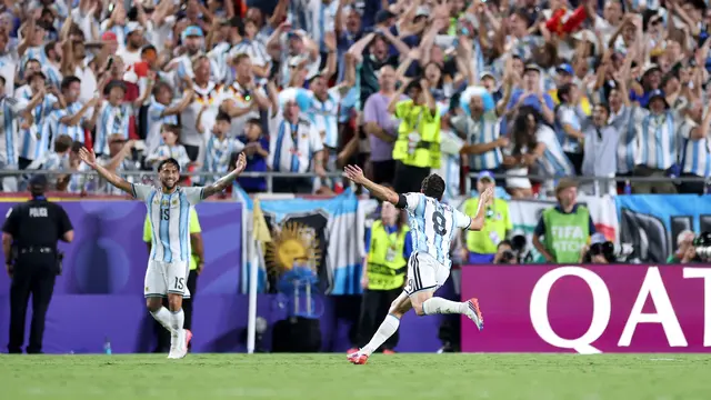 Selebrasi pemain Argentina Julian Alvarez saat menekuk Swiss di perempat final Piala Dunia 2026