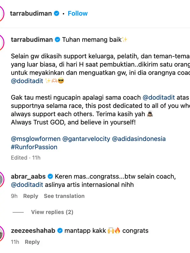 Unggahan Tarra Budiman. (Foto: Dok. Instagram @tarrabudiman)