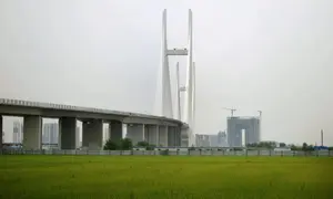 Jembatan New Yalu River yang dirancang untuk menghubungkan kawasan Dandong New Zone di China dengan Sinuiju di Korea Utara, terlihat dari Dandong, Provinsi Liaoning, China, pada 5 Oktober 2026. (Dok. AP Photo/File)
