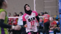 Pemain Jakarta BIN Wilda Siti Nurfadhilah Sugandi&nbsp;berselebrasi dalam pertandingan melawan Jakarta Pertamina Enduro pada final four seri kedua PLN Mobile Proliga 2024 di GOR Jatidii, Semarang, Jakarta, Kamis, 11 Juli 2024. (foto: Proliga)