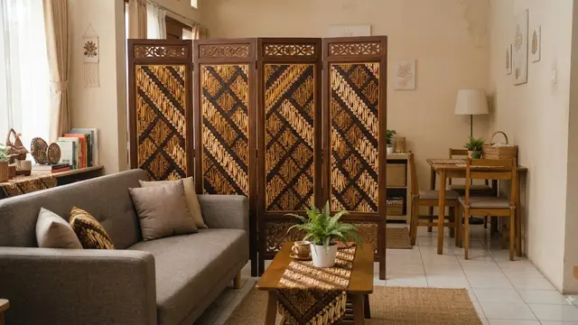 Ide pembatas ruangan untuk rumah kecil menggunakan sketsel berbagai motif unik model motif batik untuk pembatas ruang keluarga