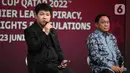 Direktur IEG, Hendy Lim (kiri) menjadi narasumber dalam Press Conference FIFA World Cup 2022 Privacy, Public Viewing Rights & Regulations di Studio 8 Emtek, Jakarta, Kamis (23/6/2022). Bukan itu, saja SCM juga mendapat hak istimewa menayangkan Premier League atau Liga Inggris. (Liputan6.com/Faizal Fanani)