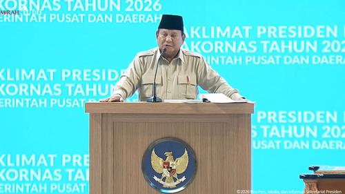 Presiden Prabowo Subianto saat memberikan arahan dalam Taklimat Rakornas Kepala Daerah 2026, Senin (2/2/2026).