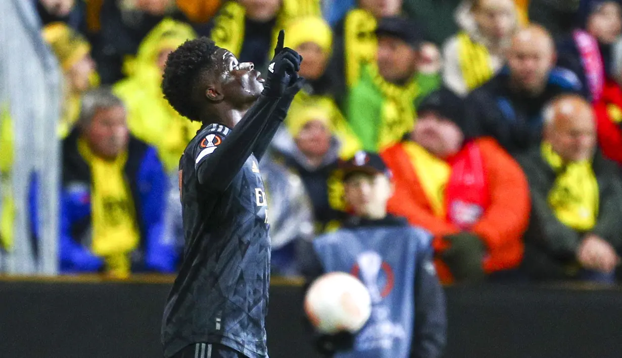 Gol semata wayang Arsenal pada pekan ke-4 Grup A Liga Europa 2022/2023 ini dicetak oleh Bukayo Saka di menit ke-24. (Fredrik Varfjell/NTB Scanpix via AP)