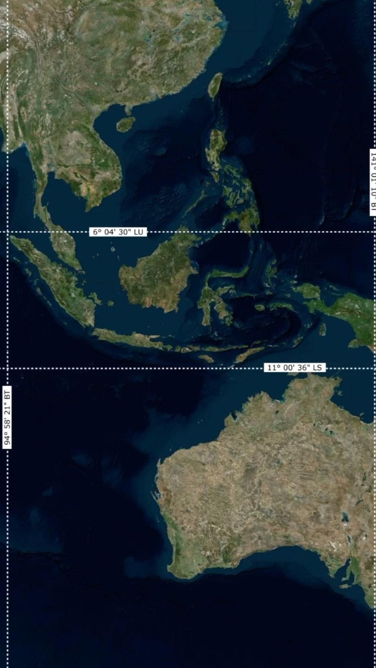Berdasarkan data BPS tahun 2021, wilayah daratan Indonesia berada di 6°04'30" LU sampai 11°00'36" LS dan di antara 94°58'21 BT  sampai 141°01'10" BT.
