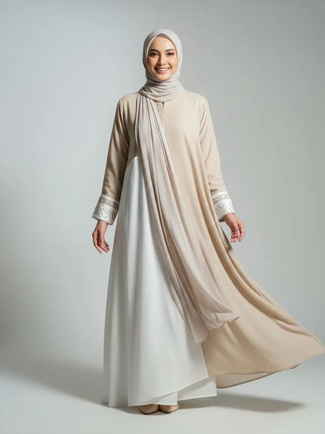 Model Gamis Beige & Putih Minimalis untuk Ramadan 2026 Desain Cringkle Aifflow dengan Akses Bordir Minimalis