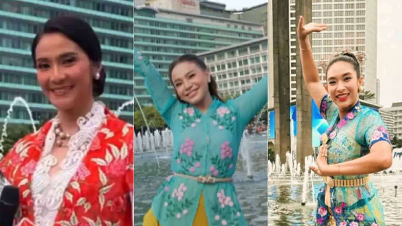 Maudy Koesnaedi, Rossa, dan Happy Salma  saat Tampil di CFD Bundaran HI mengenakan kebaya