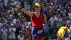 Petenis Inggris Raya, Emma Raducanu tersenyum usai mengalahkan Belinda Bencic dari Swiss pada perempat final kejuaraan tenis AS Terbuka di Arthur Ashe Stadium, New York (8/9/2021). Petenis remaja 18 tahun ini menang atas Belinda Bencic 6-3 6-4. (AP Photo/Elise Amendola)
