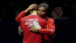 Kemenangan itu membawa Jonatan Christie dkk. bakal tampil di final Piala Thomas 2024, bersamaan dengan tim putri yang akan tampil di final Piala Uber 2024. (AP Photo/Ng Han Guan)