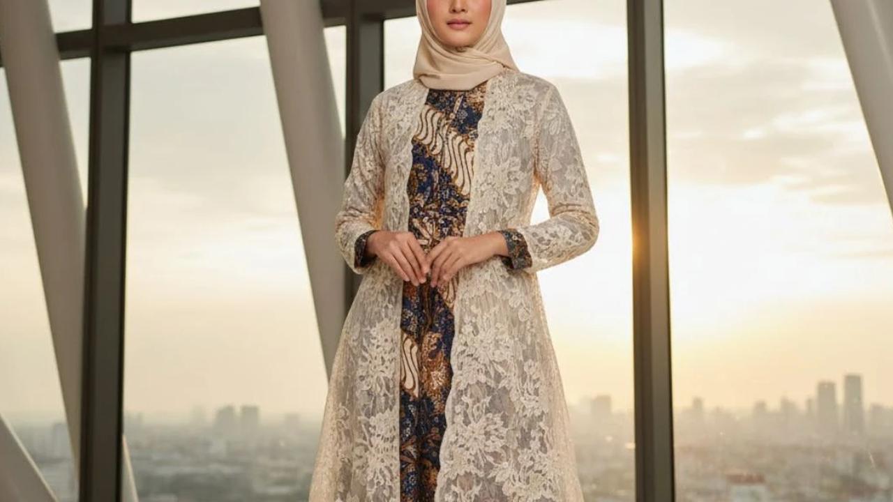 Ilustrasi Model Gamis Batik dengan Outer Tunik