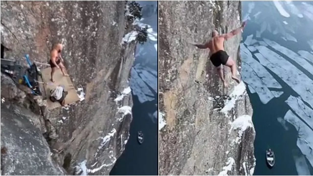 Duh, Aksi Pria Terjun dari Tebing Setinggi 40,5 Meter ke Danau Es Ini Nekat Banget